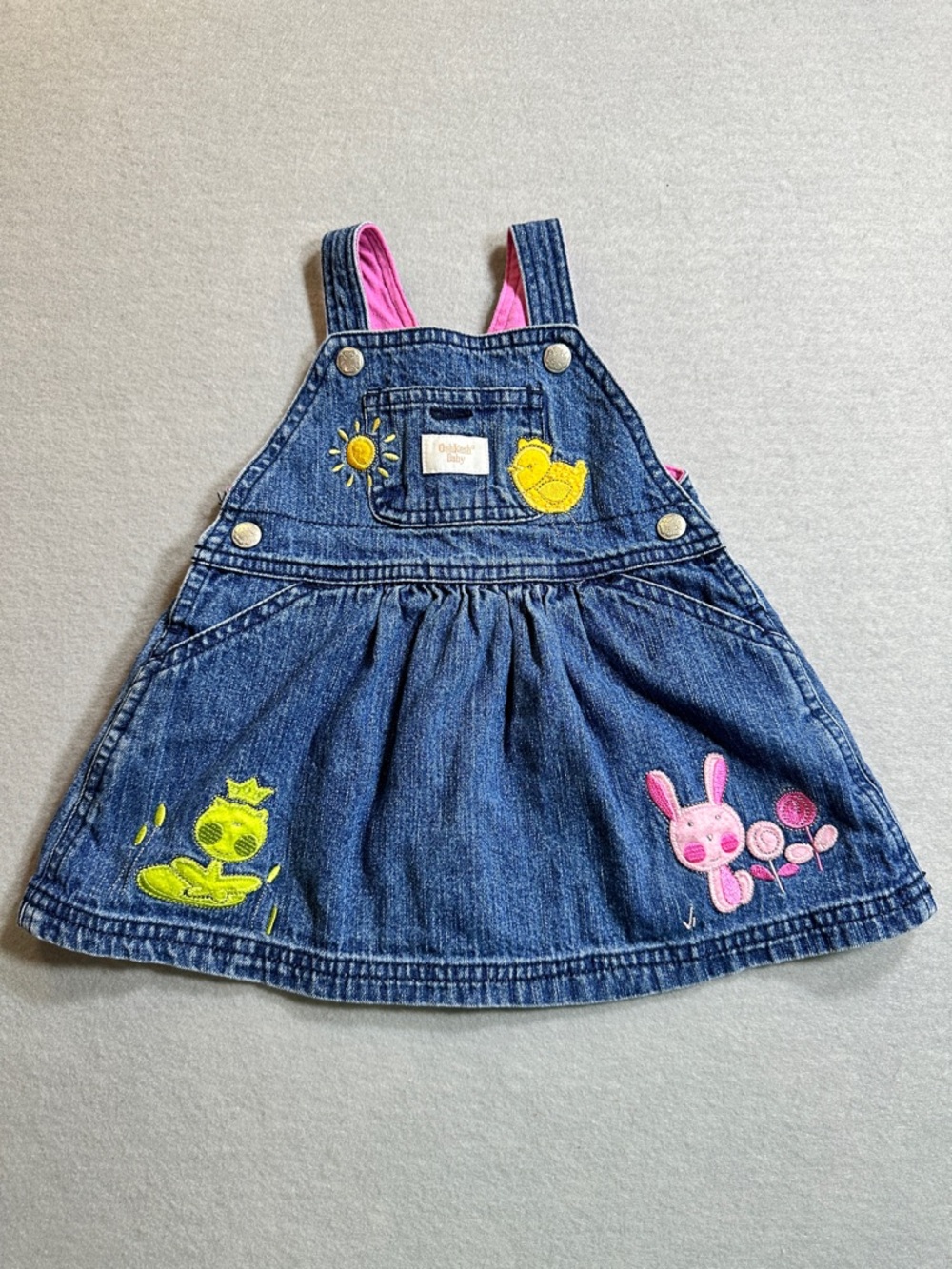 OshKosh BGosh Baby Denim Overall Dress 6-9M Bunny Chick Embroidery 90s